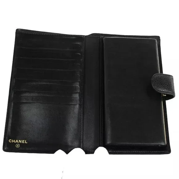 CHANEL CC Logo Long Bifold Wallet Purse Caviar Skin Leather Black France